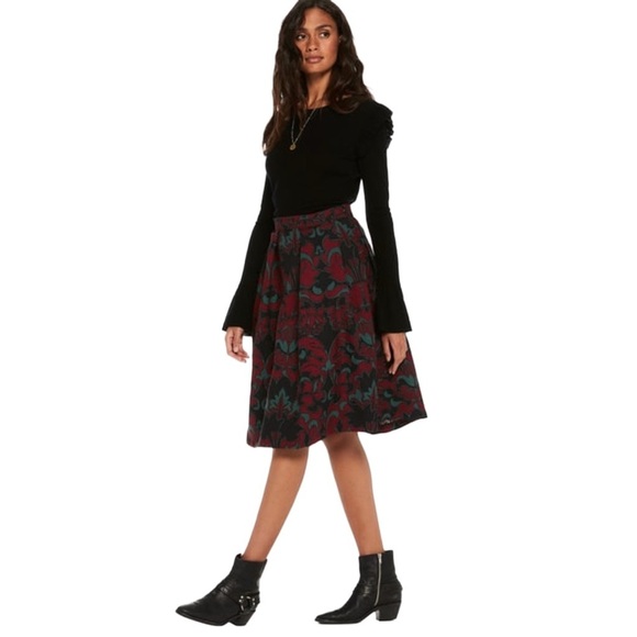 Scotch & Soda Floral Mid Rise A-Line Pleated Black Red Midi Skirt Size XS - Picture 2 of 14